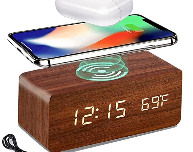 Bluebell Wooden Digital Smart Alarm Clock with Wireless Charging, 3 Alarms, LED Display, Temperature, Sound Control and Snooze, Digital Table Clock for Home, Office, Desk, Students(Brown)