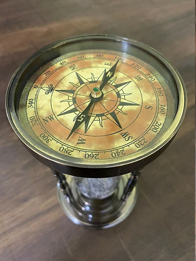 Handmade Antique Brass Compass Hourglass Nautical Maritime Old Sand Clock Timer - Image 3