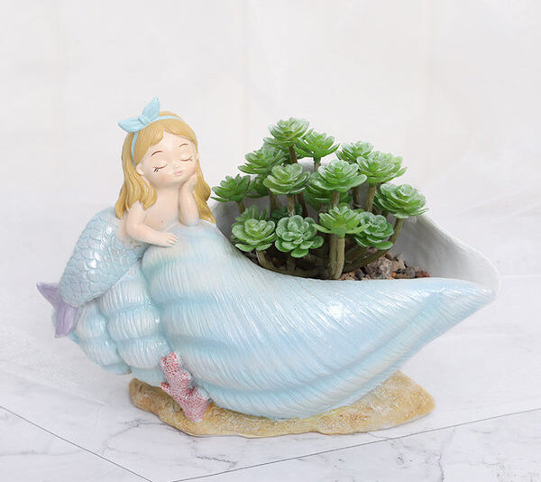 Cute Mermaid on Seashell Resin Succulent Pot
