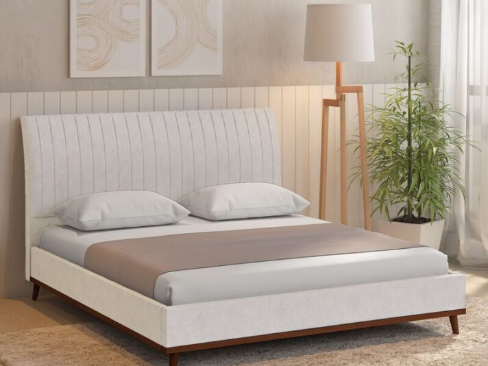 Alonso Upholstered Queen Size Bed in Light Beige Colour