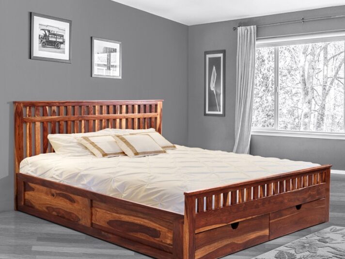 Beatrice Queen Size Bed with Drawer Storage in Honey Finish