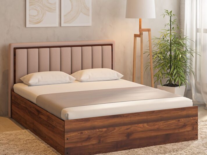 Eloa King Size Bed with Upholstered Headboard and Storage In Columbia Walnut Finish
