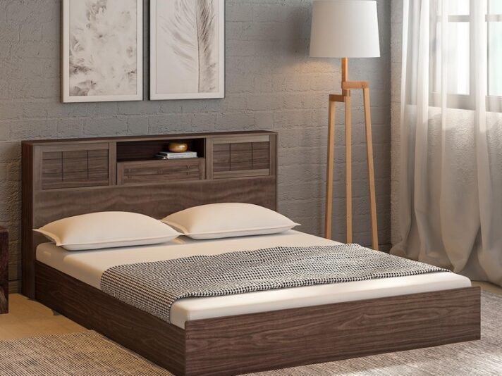 Hideki Blackline Queen Size Bed With Box Storage In Walnut Finish