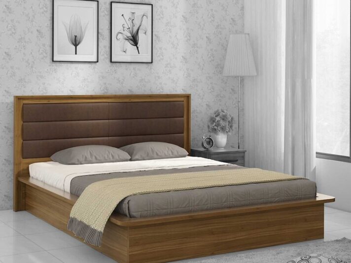 Kosmo Cooper Queen Size Upholstered Bed With Box Storage in Natural Teak Finish