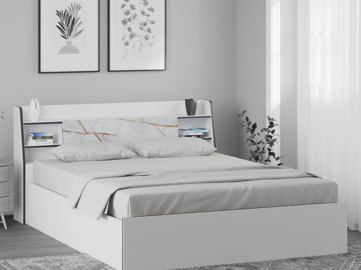 Marbito Queen Size Bed With Box & Headboard Storage in White Colour