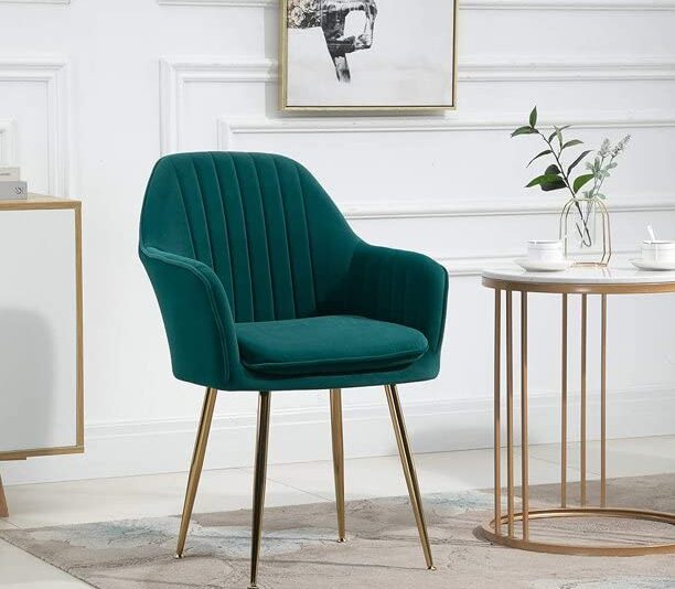 BAWARI Velvet Upholstered Modern Accent Arm Chair for Living and Dining Room Mid-Century Club Guest Seat with Golden Legs (Standard, Green)