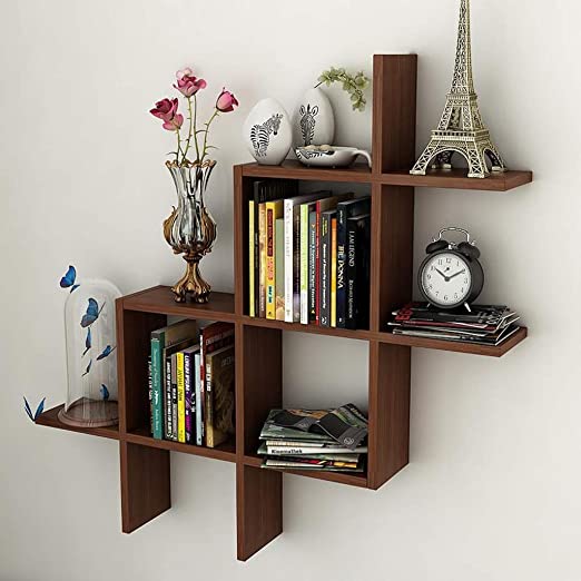 Wooden Cave Rubic Shape Wall Shelves for Wall Decor and neatly Organize Your Books on Them | Home Decor Wall Shelf for Office, Living Room, Bathroom, Kitchen (Multipurpose) Showcase (Brown)