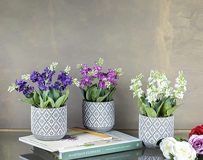 &BLOOMS Set of 3 Artificial Ceramic Flower Pot for Home Office Decoration Brazilian Lilacs Natural Looking Artificial Flower in Moroccan Pot-Size-19X14 CM